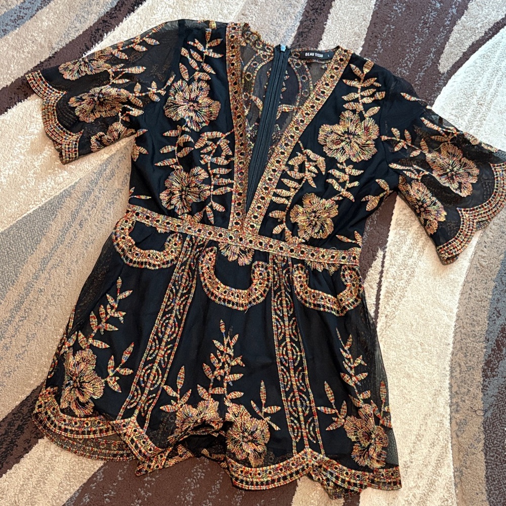 Embroidered Black Floral Romper